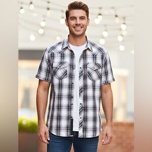 Urban Heritage - Mens Monochrome Plaid Short Sleeve Button Down Shirt